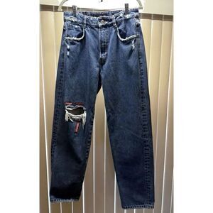 Zara Distressed Patch Jeans Women’s Size 8 Blue Denim Straight Leg Y2K Streetwea